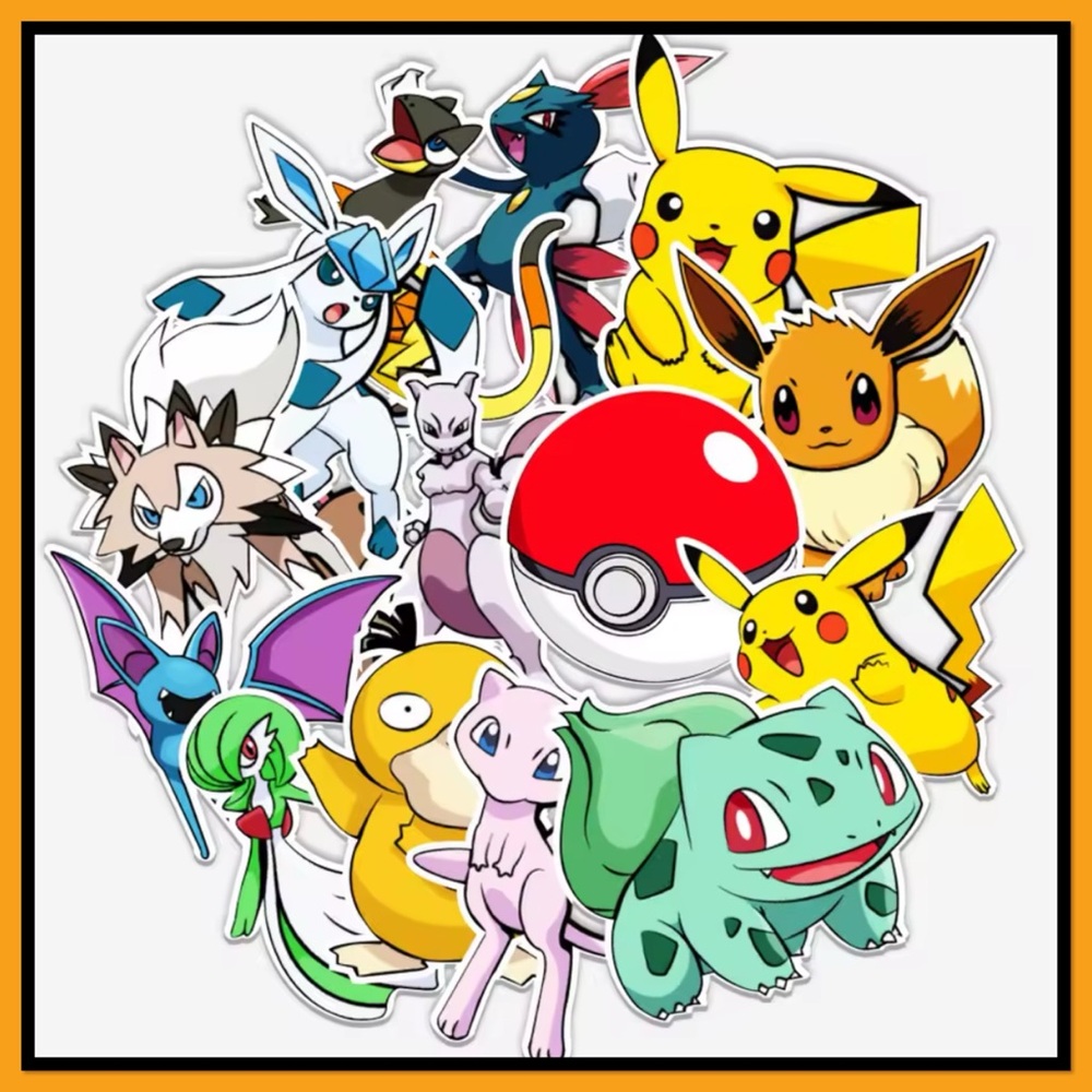 50 Pokémon Stickers - Colorful Pikachu, Eevee, Bulbasaur & More